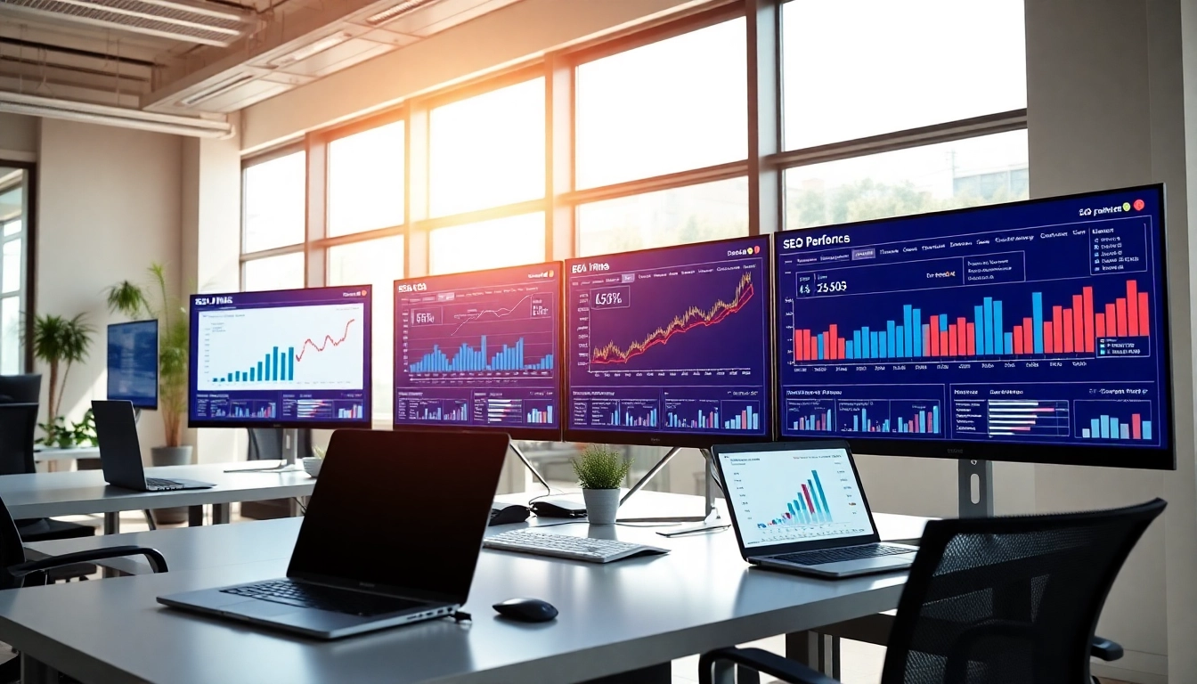 Visual representation of SEO performance analysis with detailed metrics on screens.