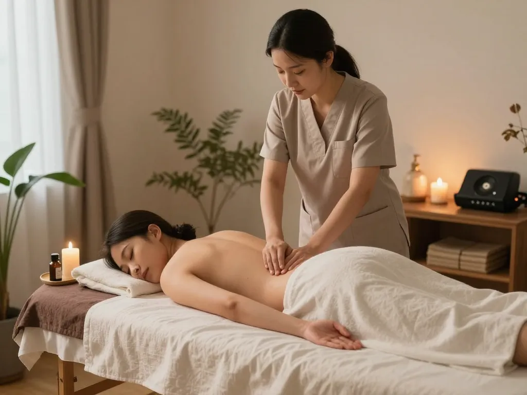 필수 오일과 따뜻한 조명이 있는 차분한 가정 환경에서의 마포출장안마 치료 세션.