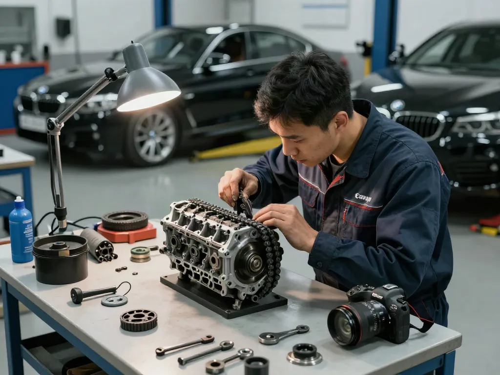 Mechaniker überprüft die Steuerkette eines BMW in einer Werkstatt in Hannover.