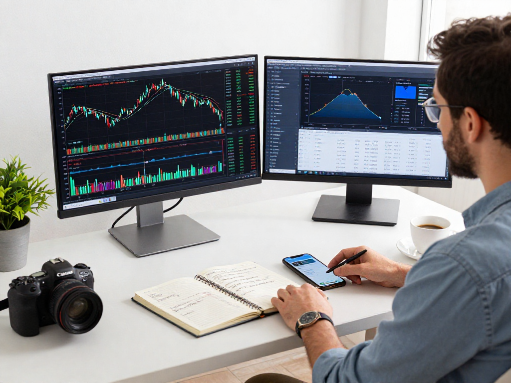 Focused trader analyzing TradingView charts in a modern workspace with multiple screens and trading tools.