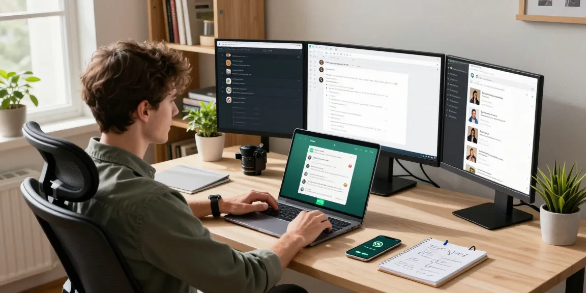 Engaged user interacting with WhatsApp網頁版 on a modern laptop in a comfortable home office.