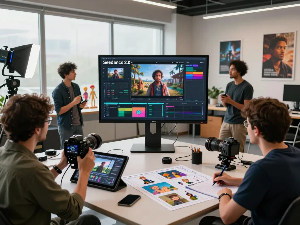 Creating professional videos with Seedance 2.0 in a collaborative studio setup.