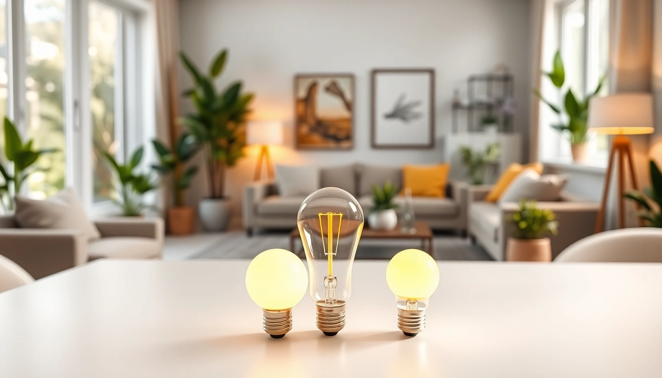 Showcasing various a19 bulbs in a modern living room with stylish decor and warm lighting.
