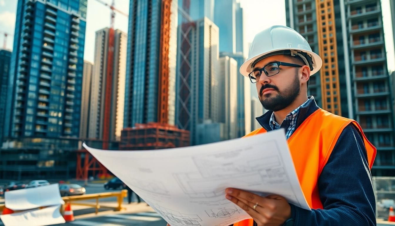 Manhattan Construction Manager analyzing blueprints on a vibrant construction site.