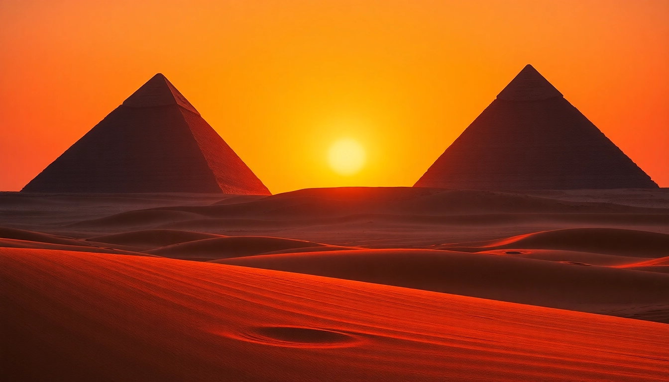 Piraminds towering majestically against a vibrant sunset in the desert landscape.