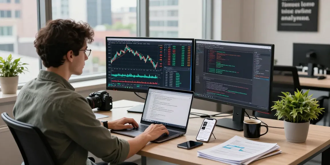 Developer analyzing spot gold real-time API in a modern tech workspace with forex charts and documentation.