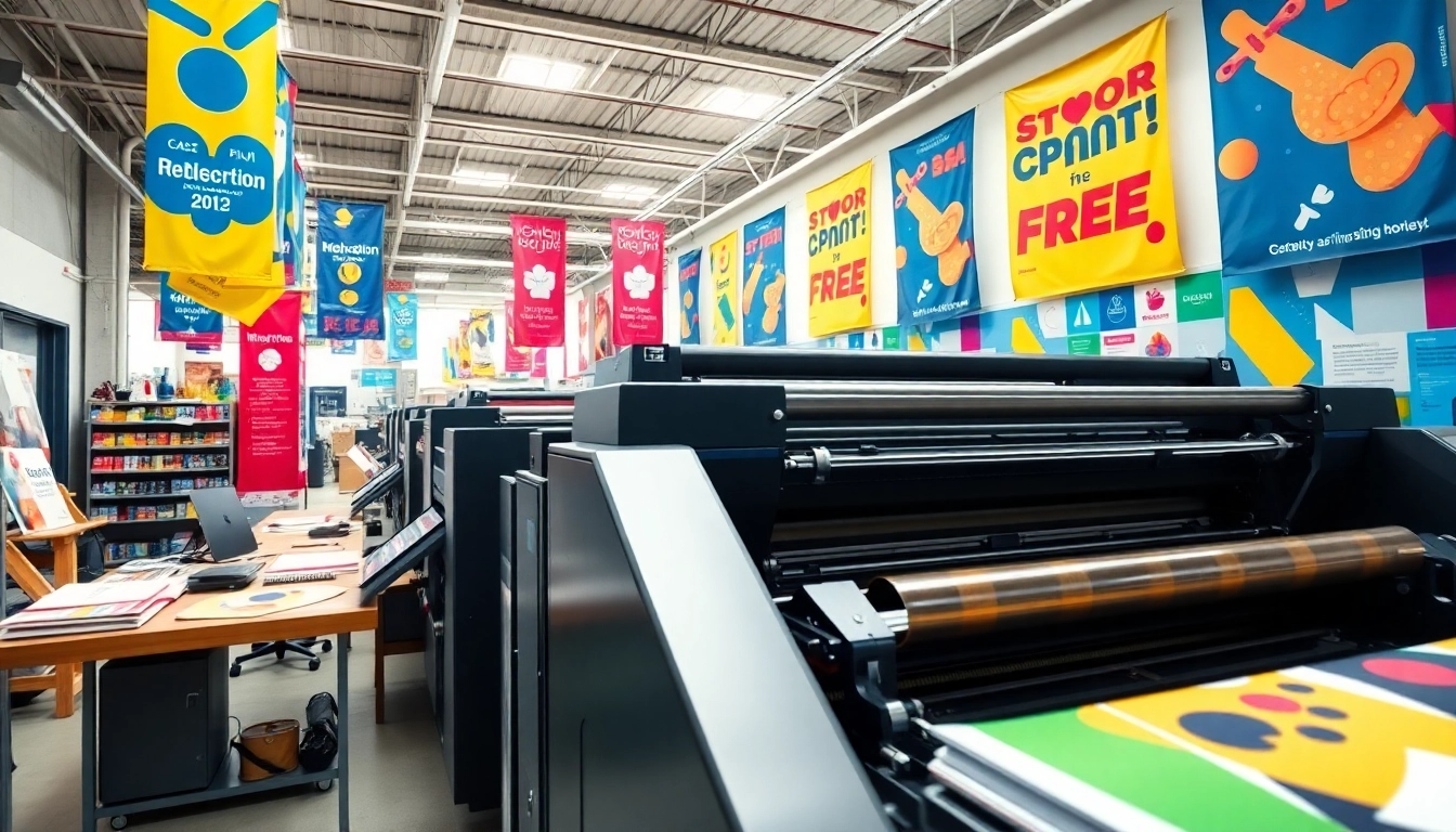 Showcasing edmonton printing services with vibrant banners and signage in a modern workspace.