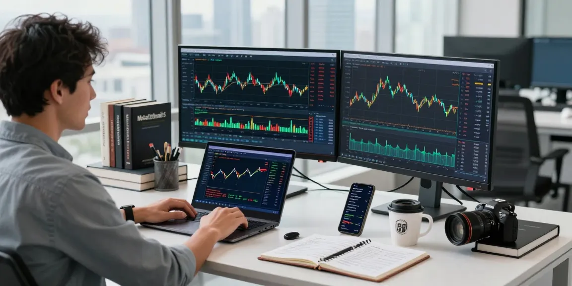 Trader using mt5 on dual monitors for market analysis in a modern office setting.