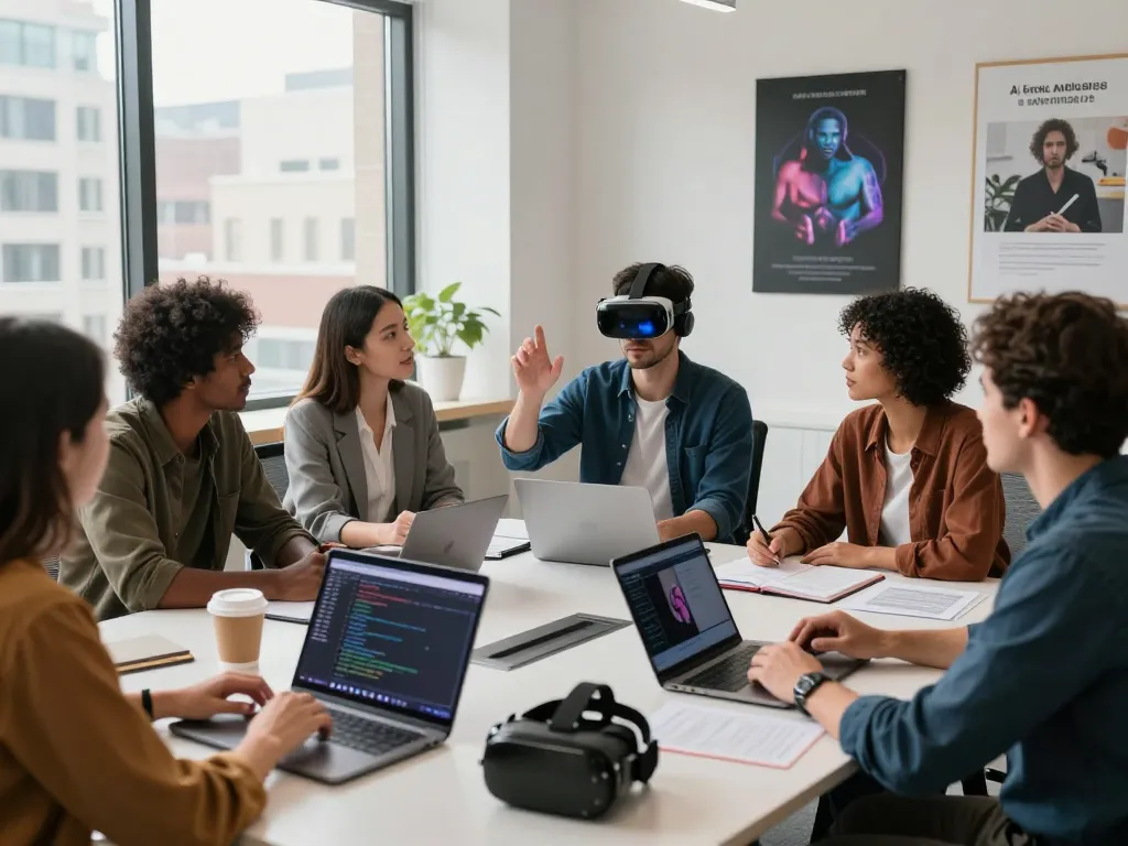 Group discussing AI sex technology in a modern workspace, showcasing ethical implications and innovative tools.