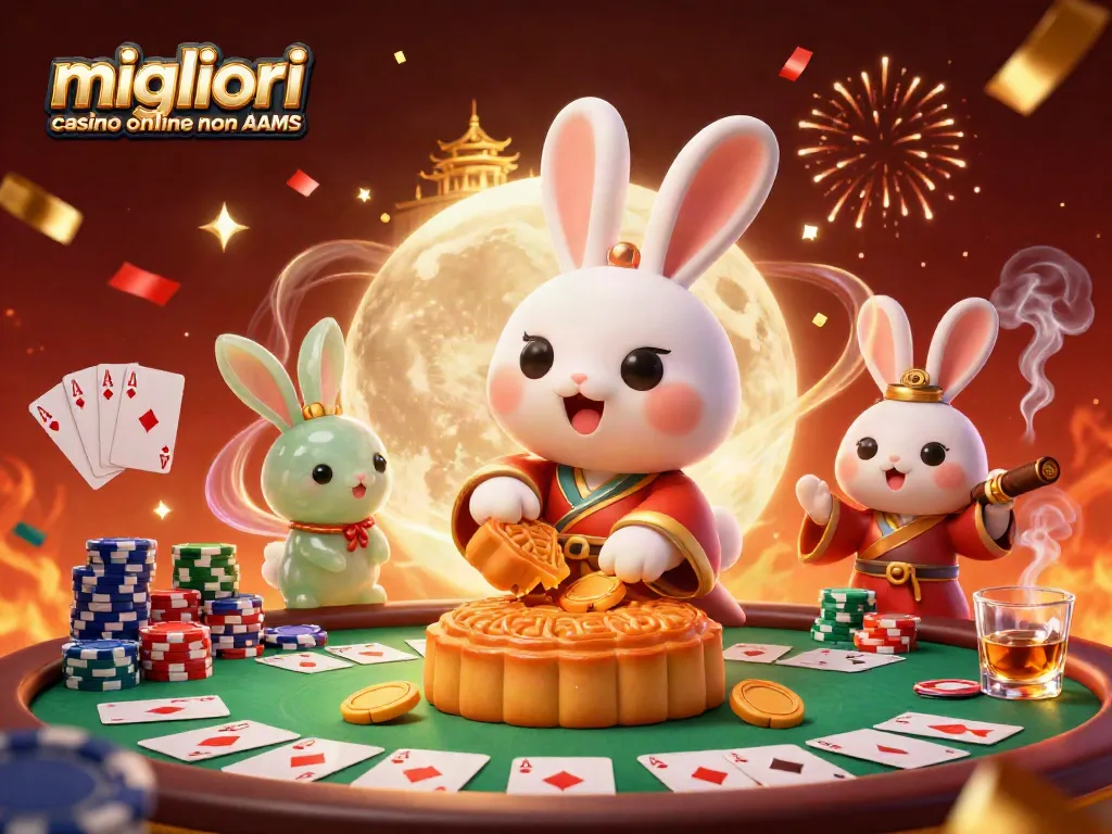 Migliori casino online non AAMS con il coniglio lunare che gioca a poker tra decorazioni festose e chips da gioco colorate.