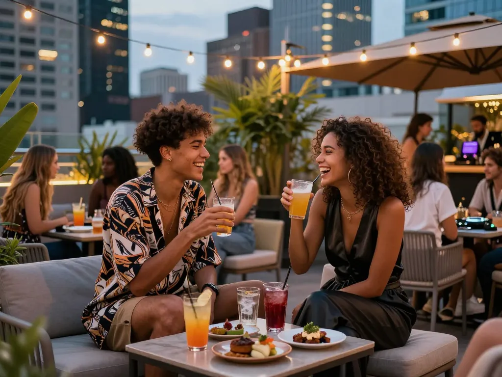 Young adults enjoying an evening at a rooftop lounge, ia +18 lifestyle context, vibrant city skyline in background.