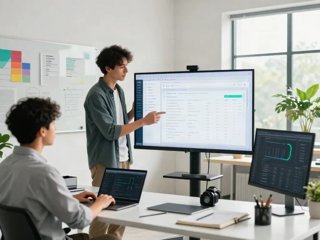 Data scientist engaging with a dataset search tool in a modern AI workspace.