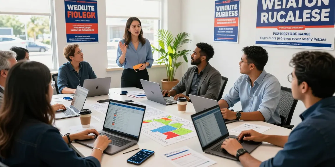 Power dialer for campaigns in a vibrant political strategy meeting, showcasing team collaboration and voter data analytics.