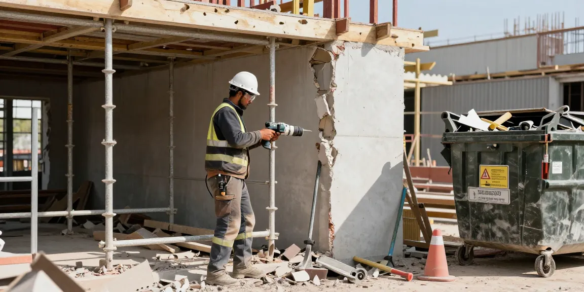 Dismantle project in action, showcasing a worker disassembling an old structure with power tools and safety equipment.