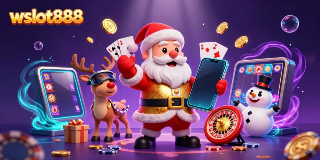 Permainan jackpot seru di wslot888 menunjukkan Santa Claus dan karakter lucu lainnya.