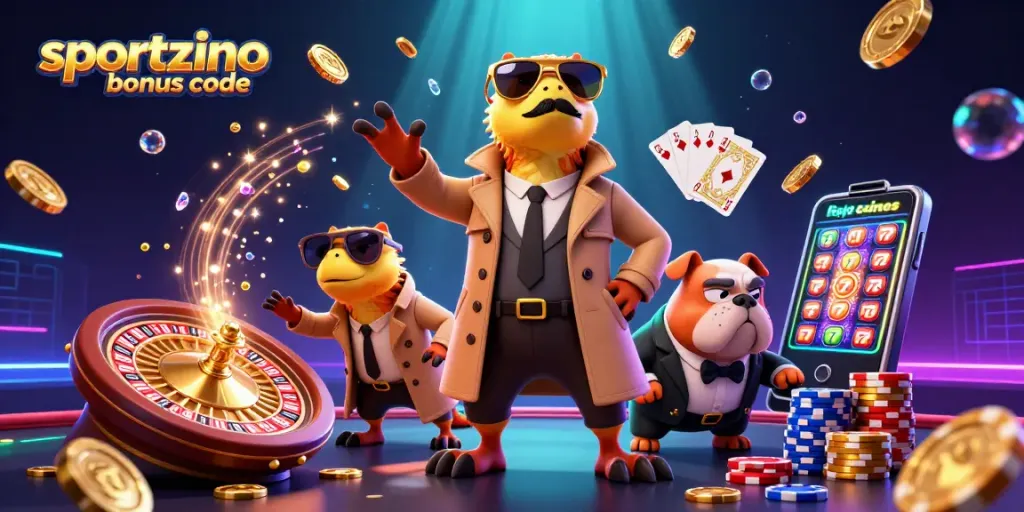 Claim free prizes with Sportzino bonus code in a vibrant casino illustration.