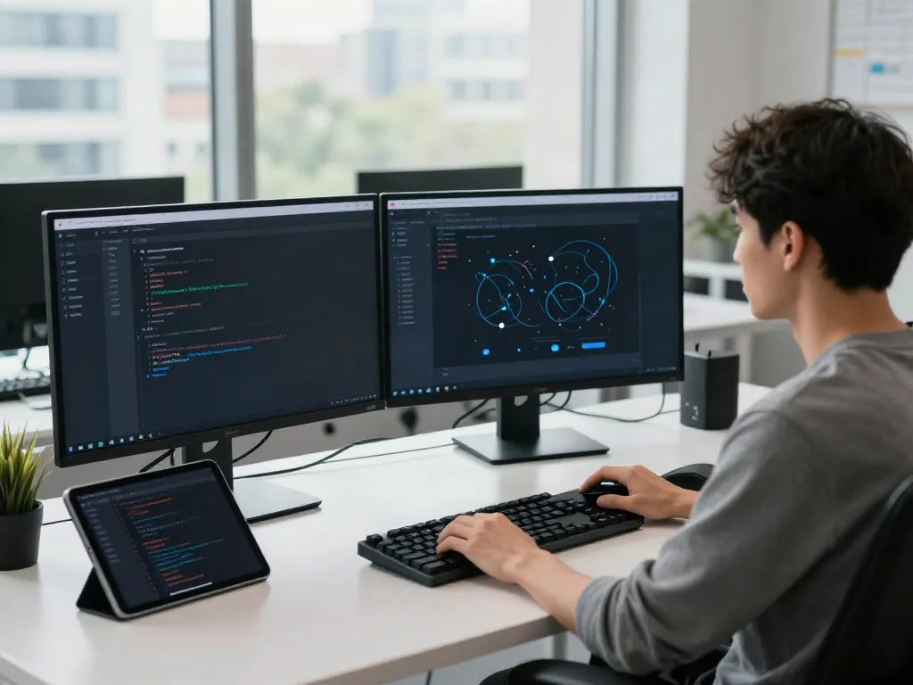 Developer configuring v2rayN software in a modern tech workspace.