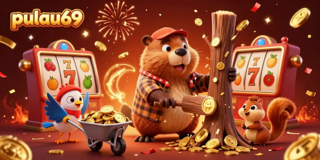 Experience exciting pulau69 slot gaming with a lively scene of cartoon characters celebrating with gold coins.
