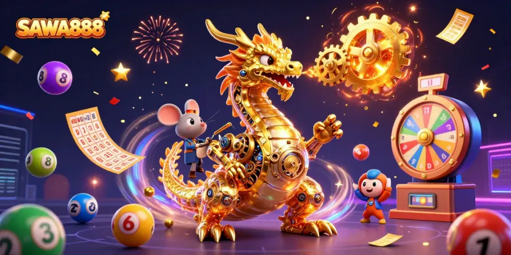 Celebrate big wins with SAWA888 in a vibrant lottery-themed casino illustration.