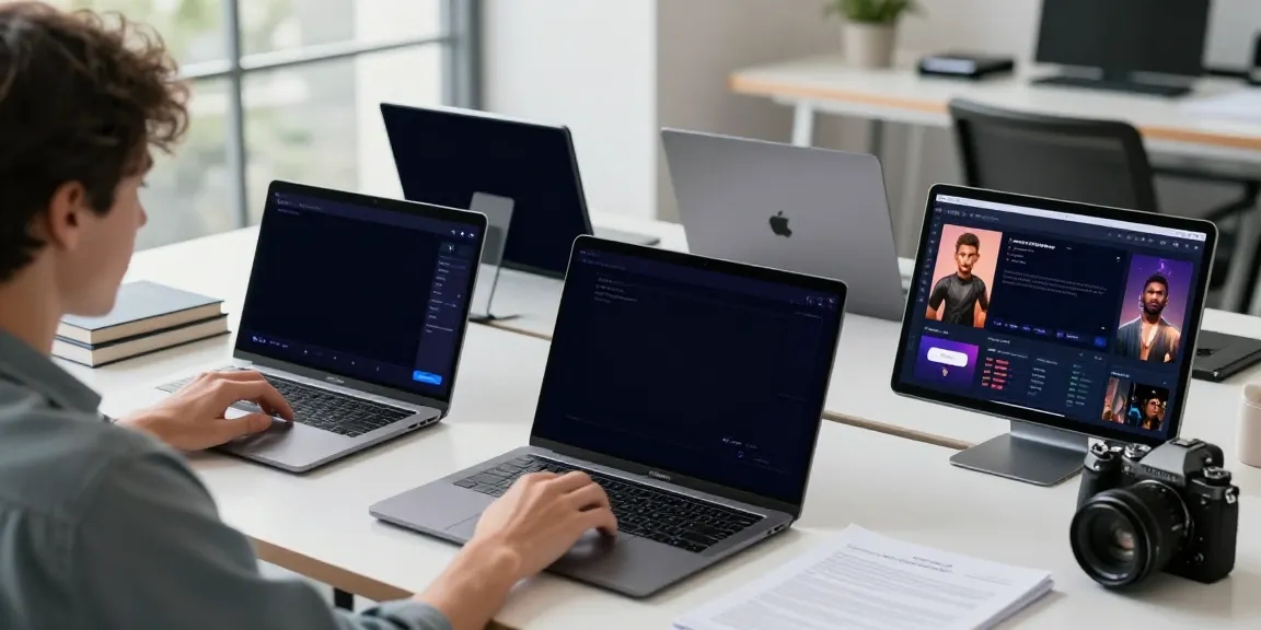 Person engaged in AI porn comparison on multiple devices in a modern tech workspace.