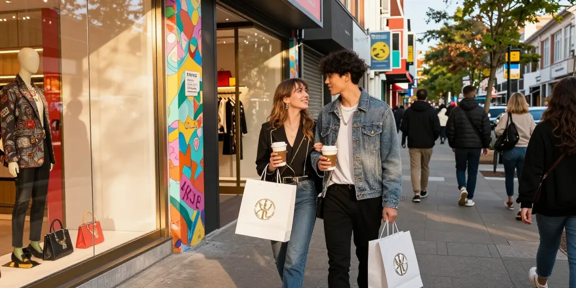 Fashionable couple shopping for 명품 레플리카 in vibrant urban setting with luxury stores and colorful displays.