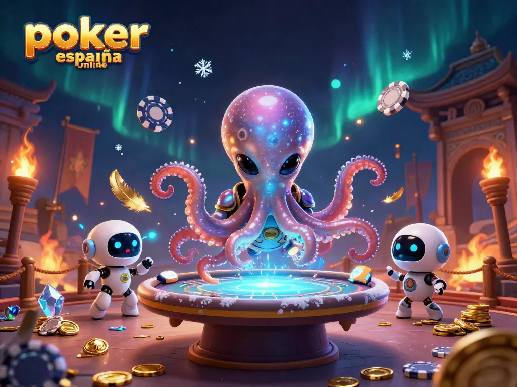 Disfruta del póker España online con un pulpo alienígena en una mesa holográfica rodeado de fichas espaciales.