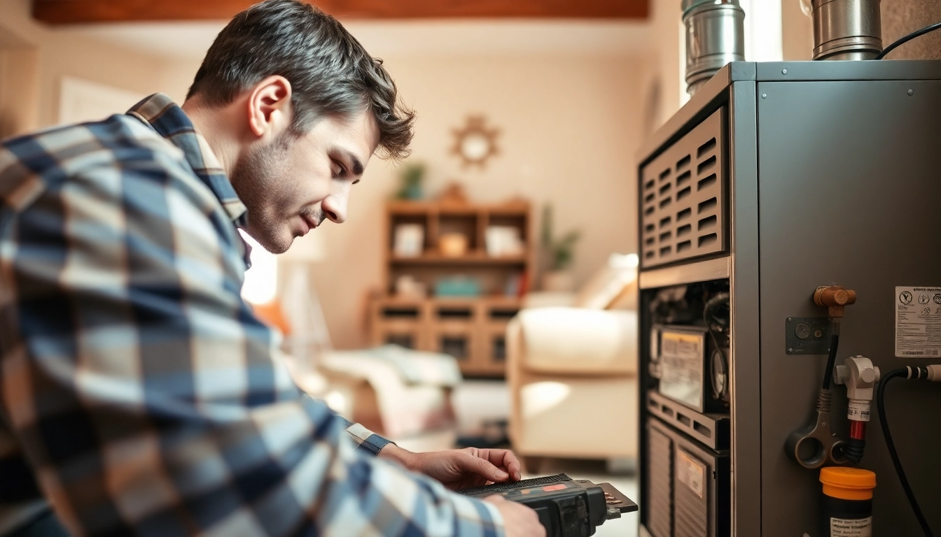 Expert furnace installation st. paul technician expertly installing a new furnace in a cozy home.