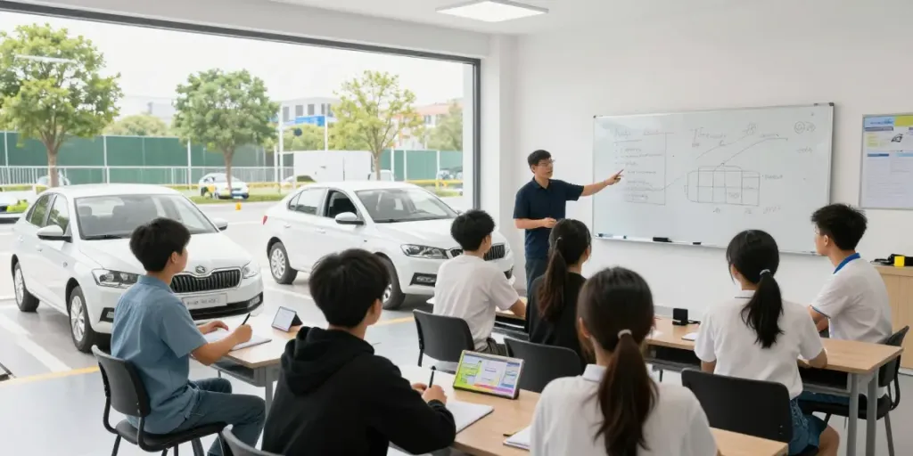 Students at driving school learning driving theory to understand scoala auto pret.