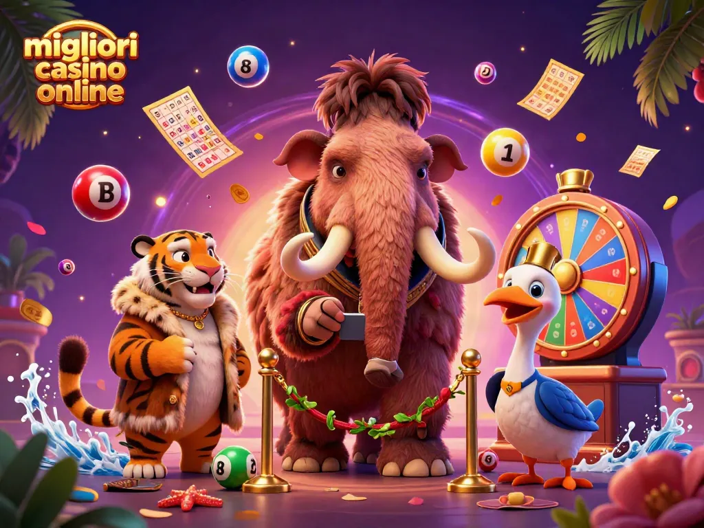 I migliori casino online si animano in un'illustrazione vibrante con un mammut all'ingresso.