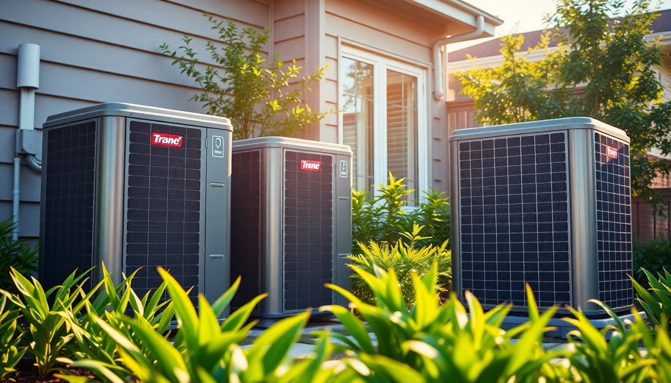 Showcase of Trane heat pumps installed in a modern home with lush surroundings and natural lighting.