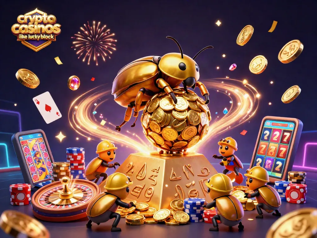 Spin with excitement at crypto casinos like Lucky Block featuring vibrant casino elements.