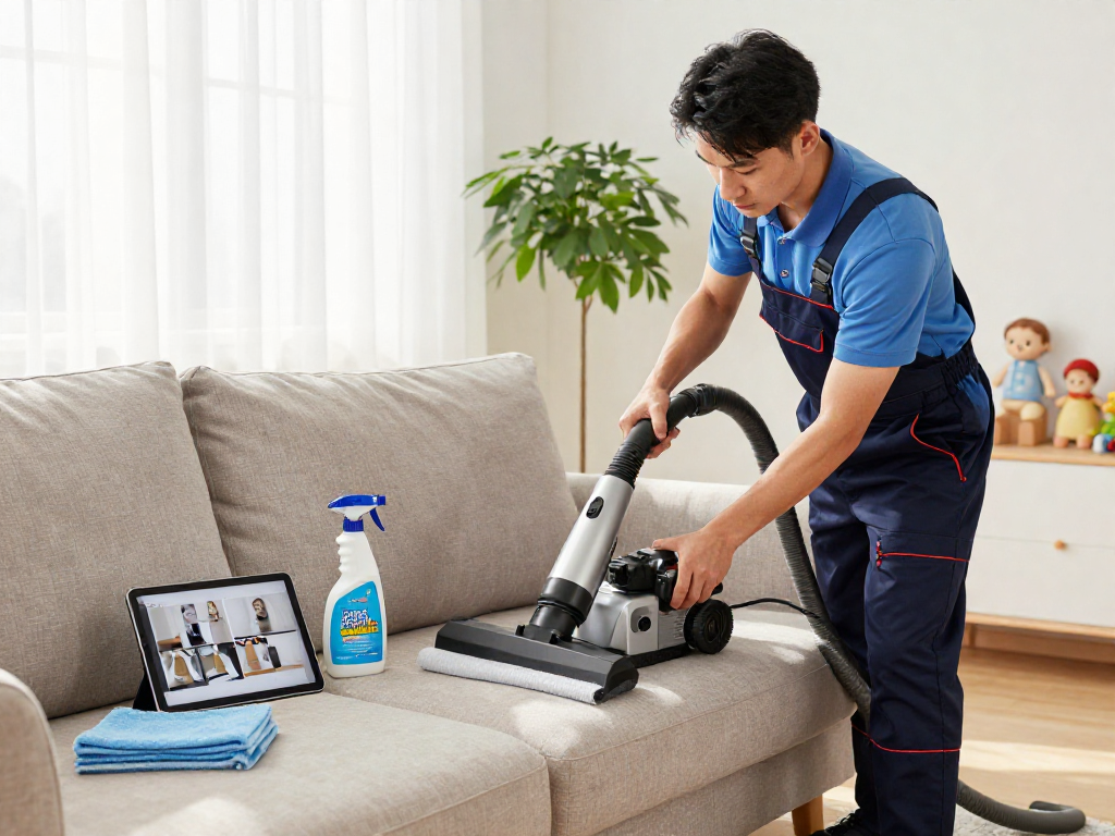 Pranie tapicerki przez Panda Cleaner w przyjaznym wnętrzu domu.