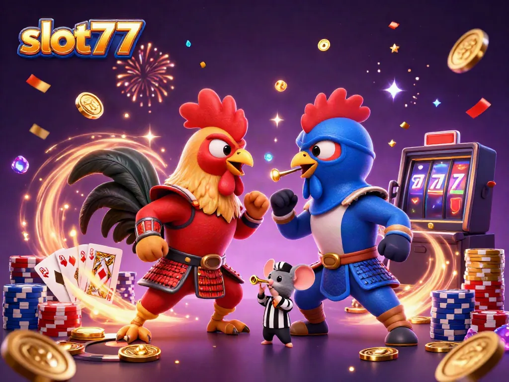 Slot777 memperlihatkan dua ayam jantan 3D bertarung dengan efek slot, koin emas dan kartu bermain.