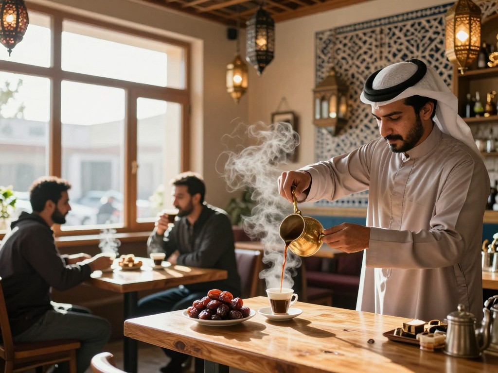 قهوجي الرياض يعد القهوة العربية التقليدية في مقهى دافئ، مع أجواء مريحة وإضاءة طبيعية.