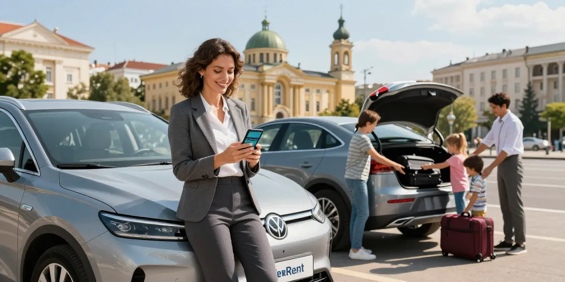 Chirie auto chisinau - A woman engaging with the FlexRent app next to a rental car in Chișinău.