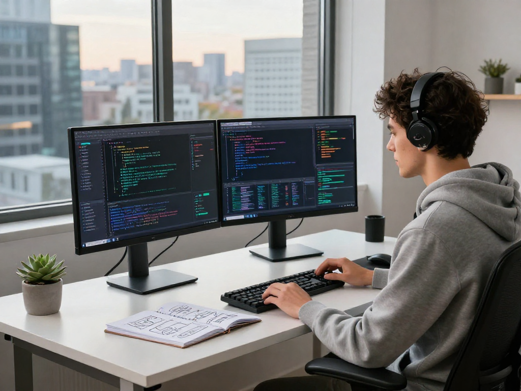 Developer coding advanced AI algorithms showcasing a crush on ai in a modern workspace with dual monitors.