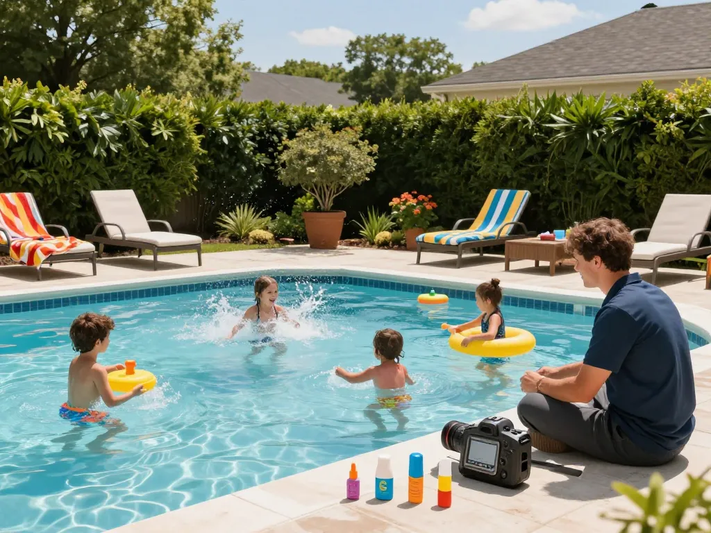 Dolphin Pool Services expert maintaining a family's sparkling pool, showcasing a vibrant outdoor atmosphere.