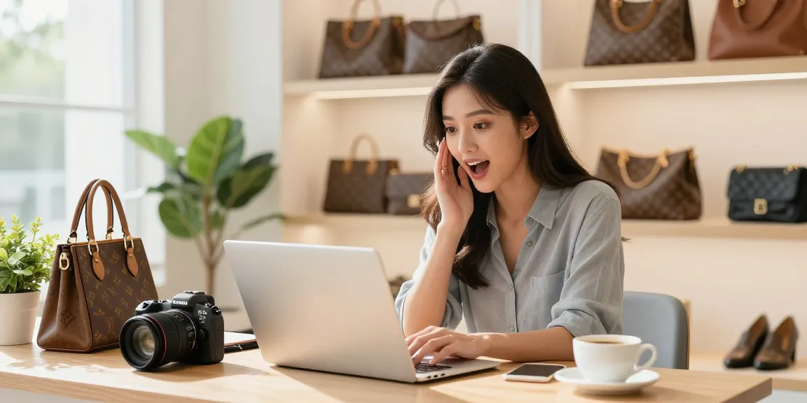 A young woman browsing a stylish online 레플리카 store filled with luxury items.