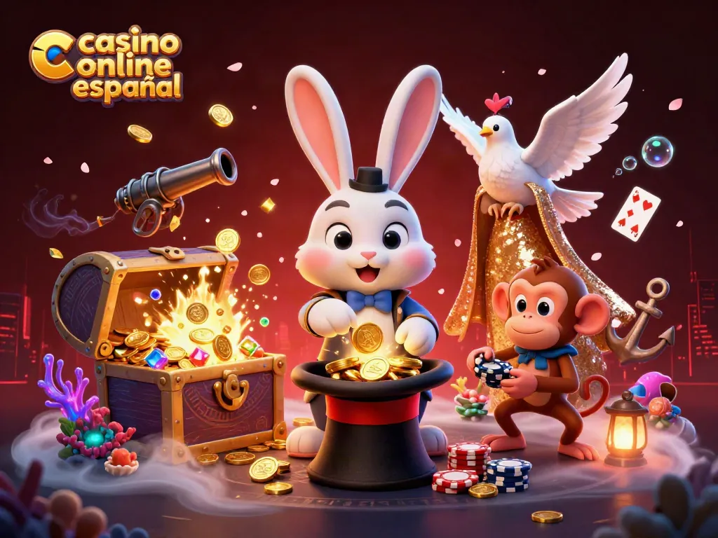 Ilustración de un casino online español con un conejo mago, una paloma glamorosa y un mono travieso, rodeados de elementos de juego.