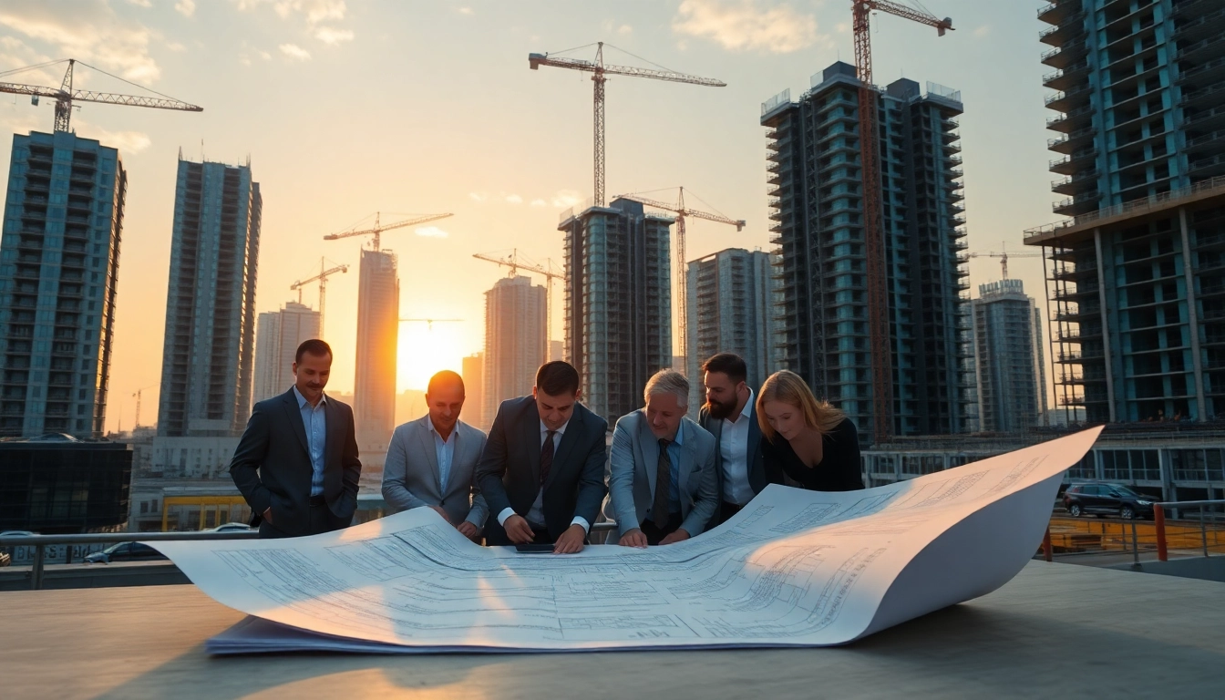 Real Estate Development professionals collaborating on blueprints amidst a bustling construction site.