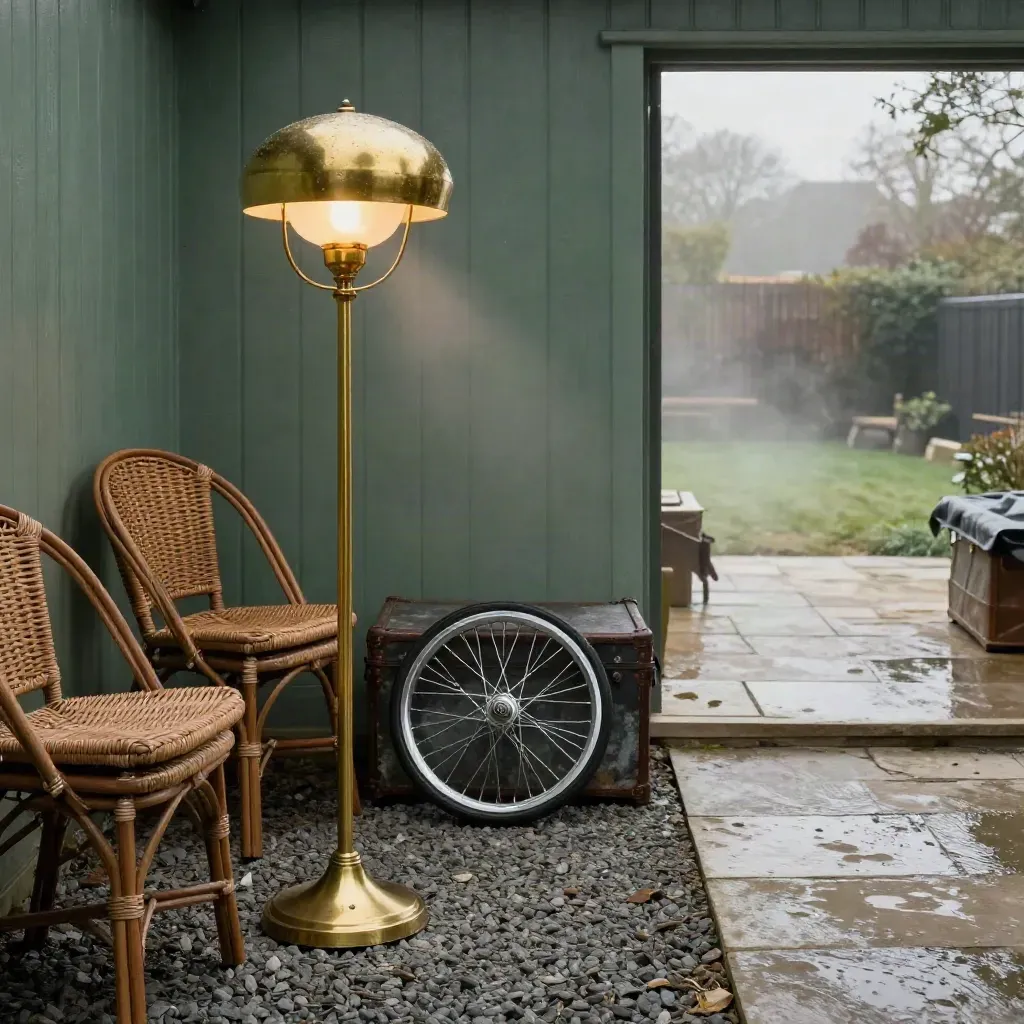 Brass floor lamp and auction yard objects on wet gravel at dawn with mist and stone space