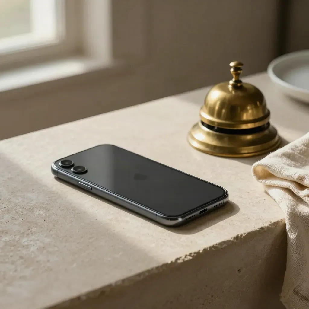 Face-down smartphone, brass bell, folded linen and ceramic tray on pale stone in warm window light.