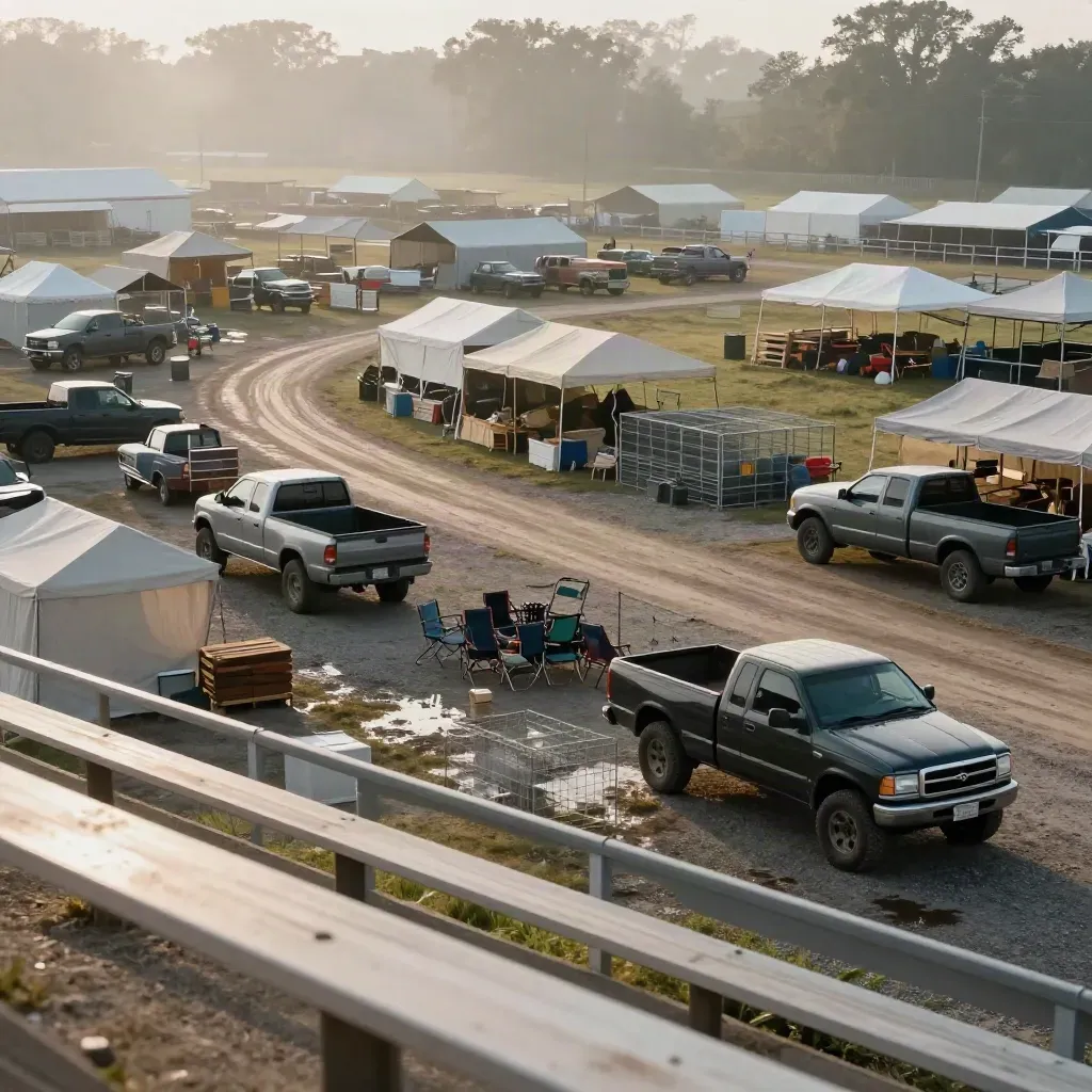 Foggy fairgrounds auction spread with trucks, tents, chairs, and lots along a dirt lane.