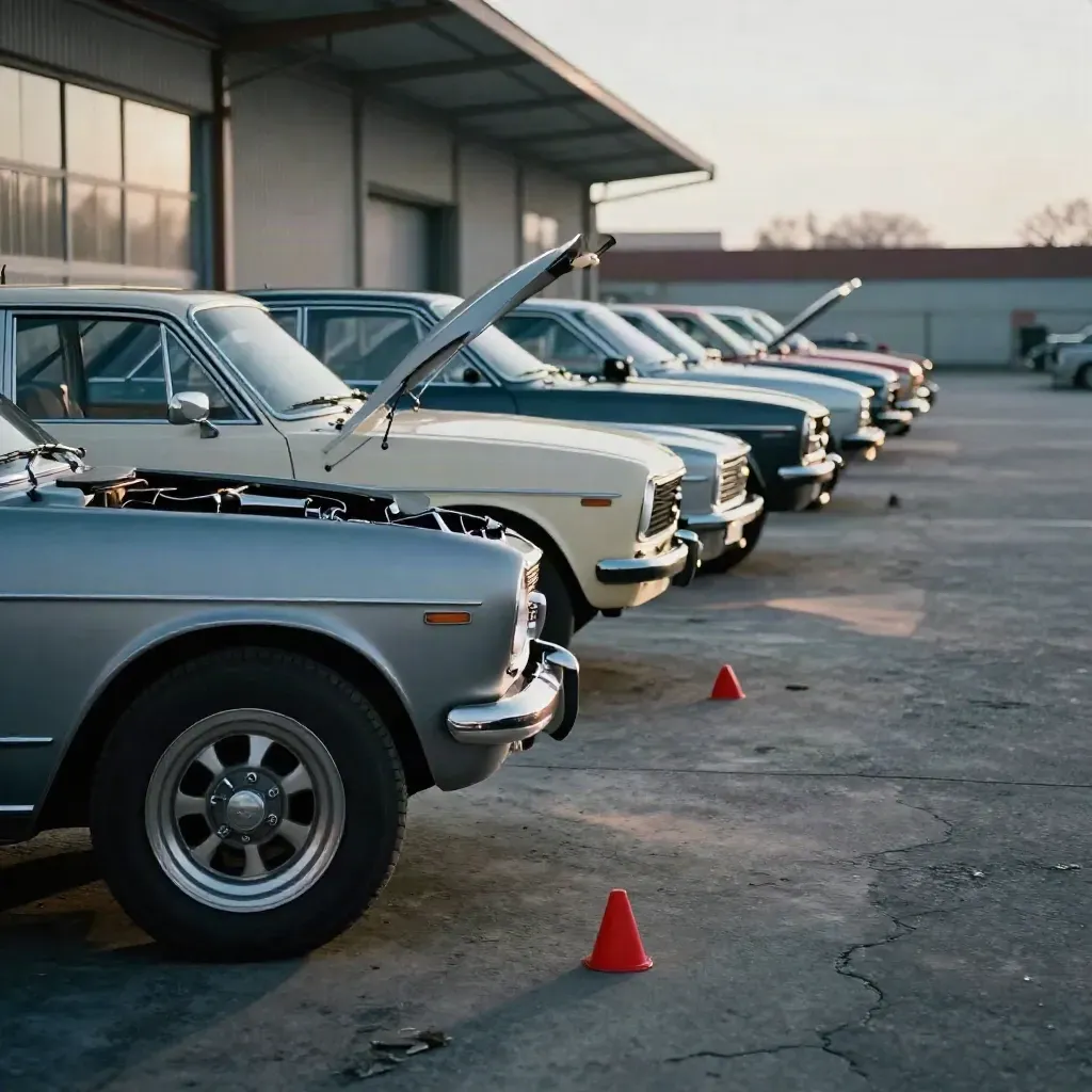 Classic collector cars line a cold auction yard, one coupe raised with hood open and chrome parts scattered.
