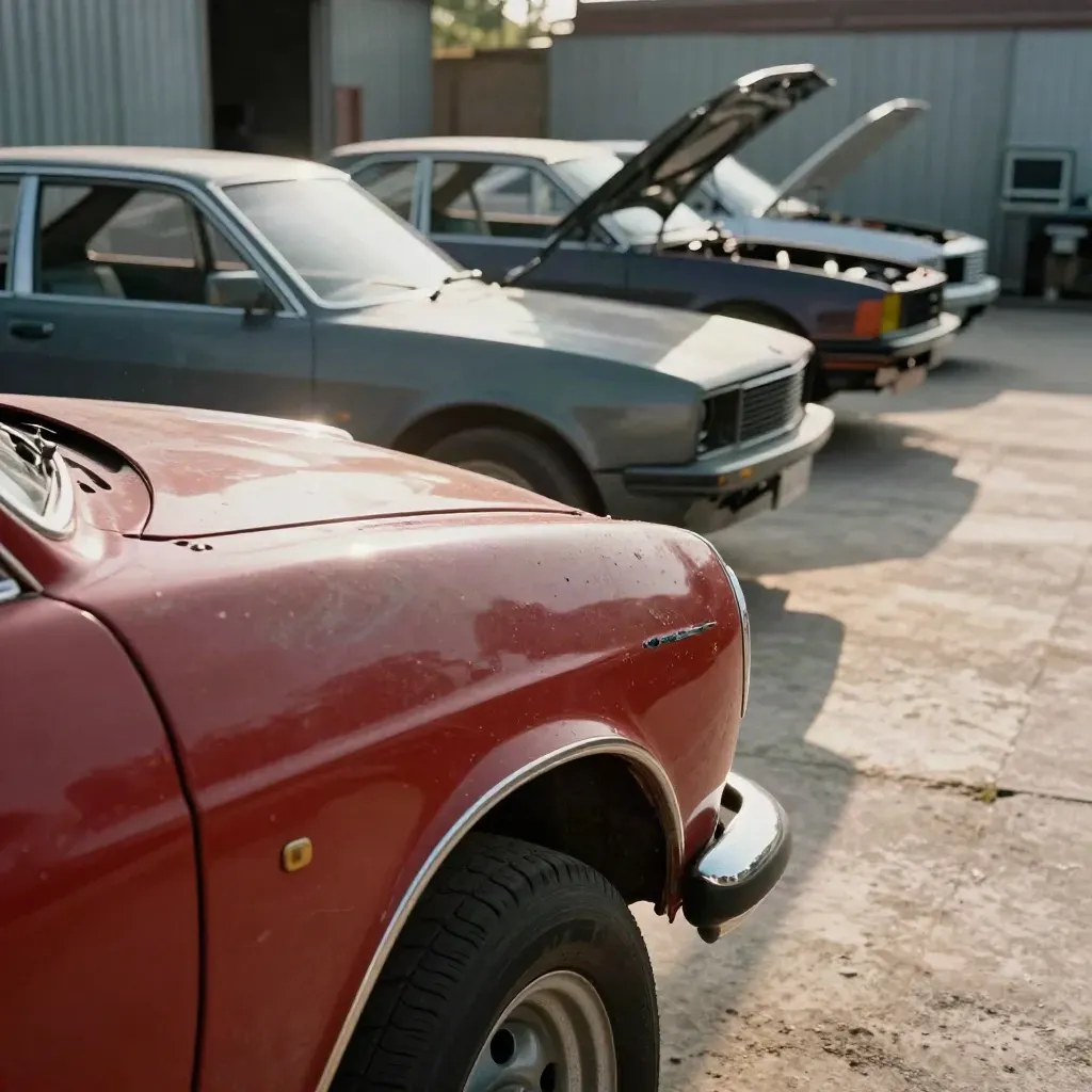 Sunlit auction yard with open hoods, stacked tires, a parts cart, and project cars