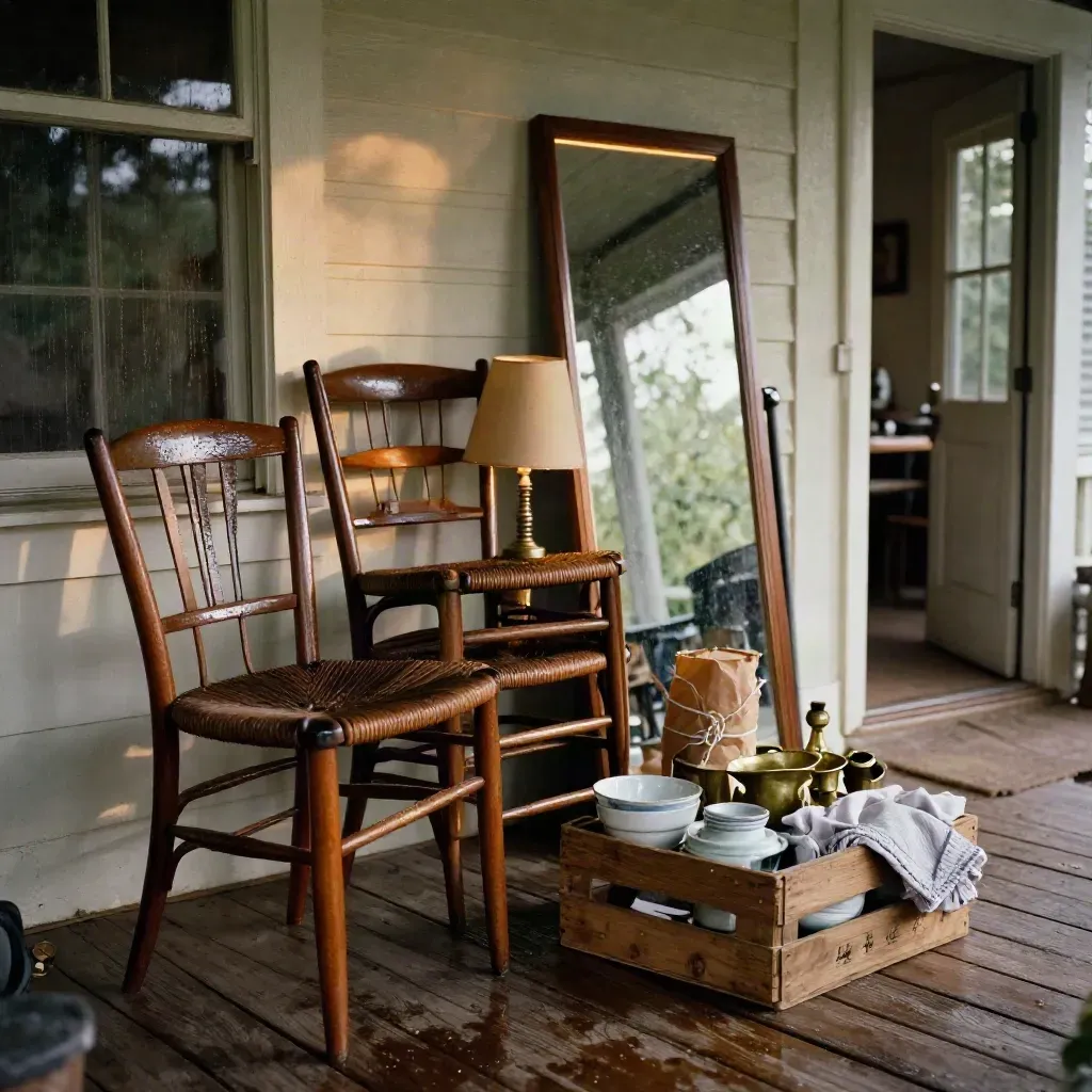 Mid-century chairs, leaning mirror, wrapped lamps and home goods on a wet estate-sale porch.
