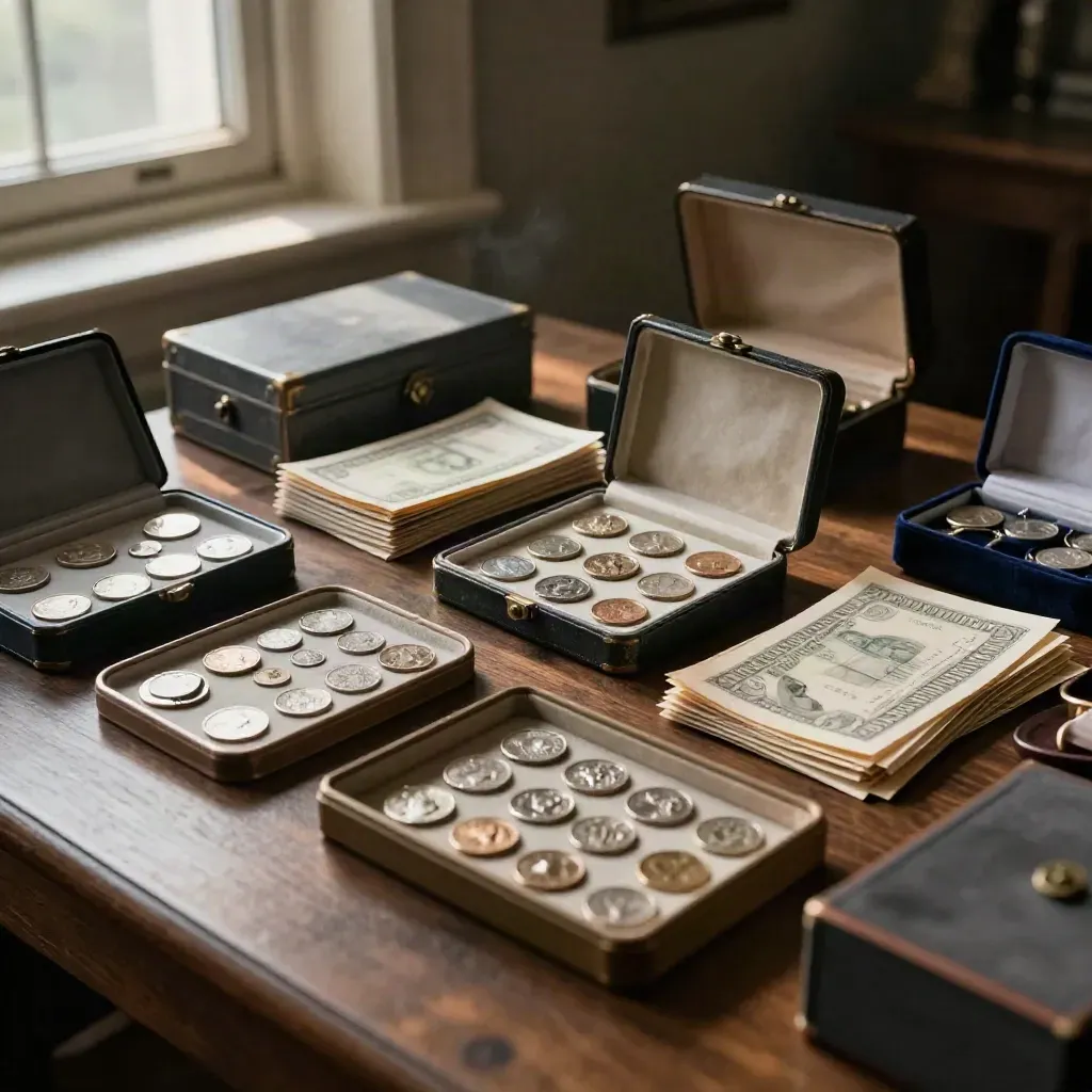 Top-down coin trays, currency sleeves, archival boxes and velvet cases on a dark wood table
