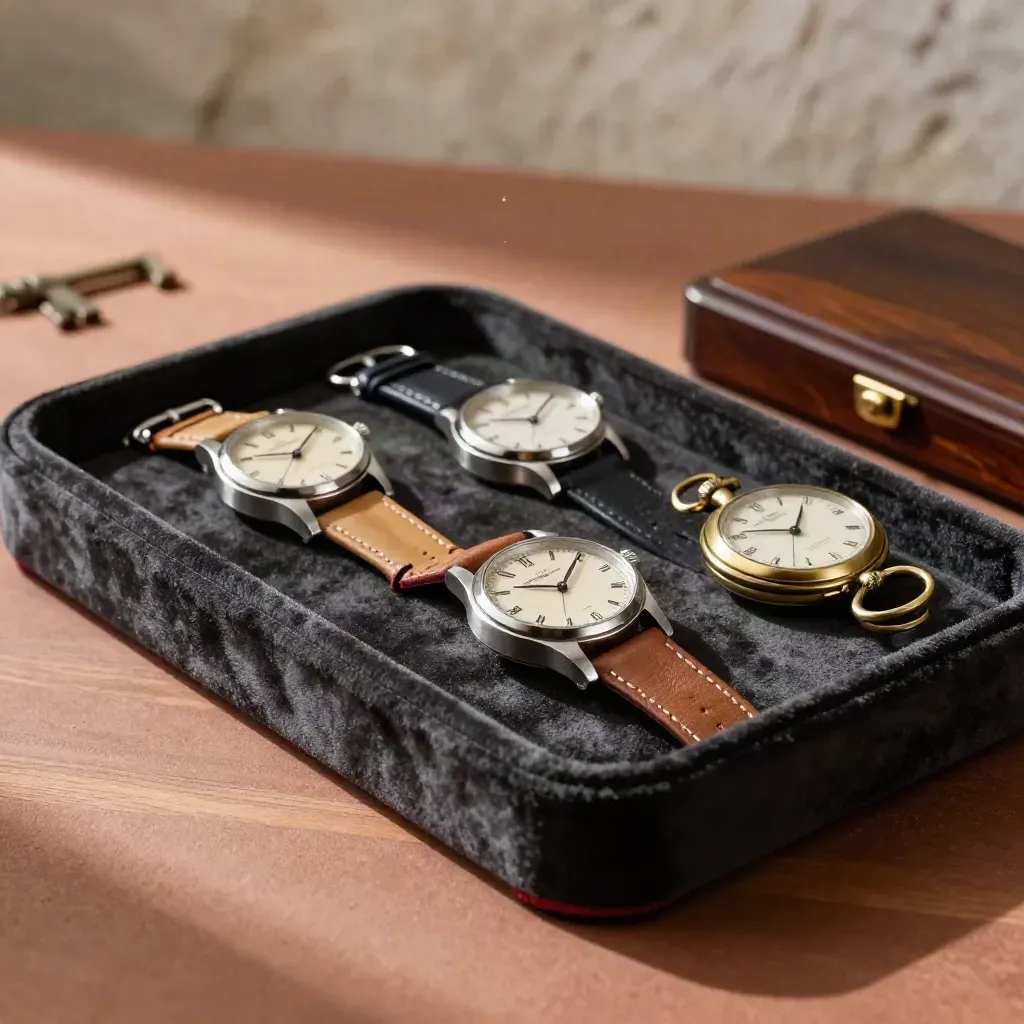 Watch tray with vintage wristwatches and brass pocket watch on a warm appraisal table