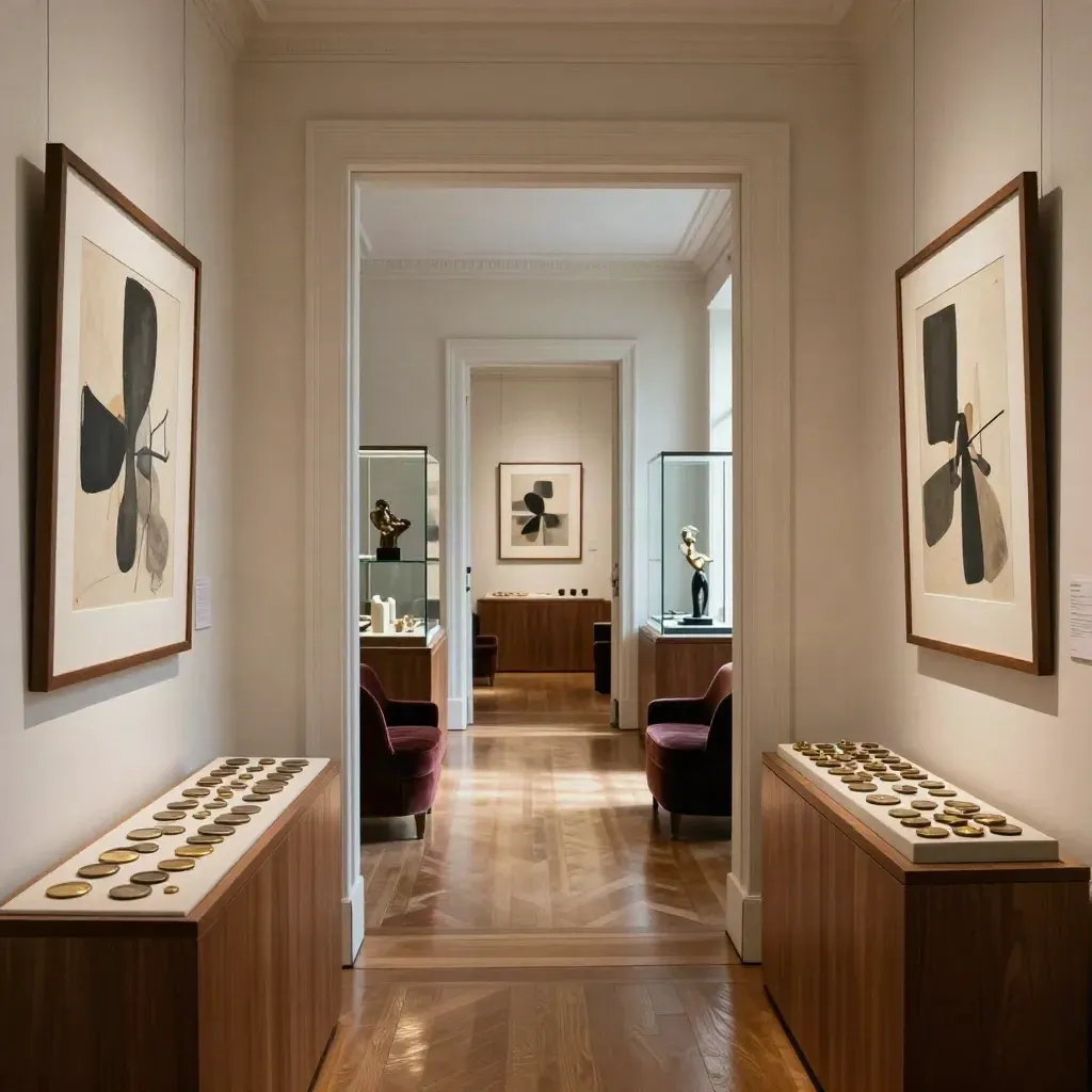 Auctions preview room with art, coin trays, velvet chairs, vitrines and warm wood floors.