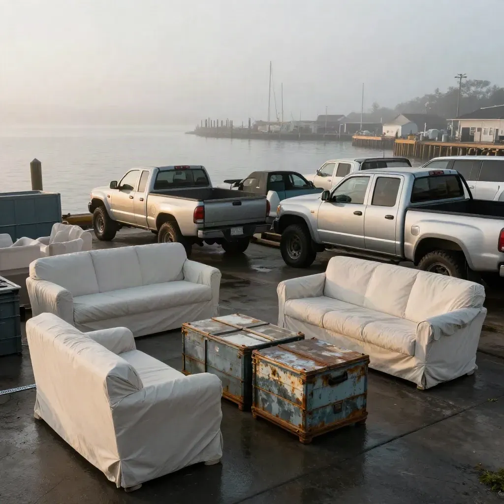 Fog lifts over a harbor auction lot with covered furniture, crates, and pickup trucks.